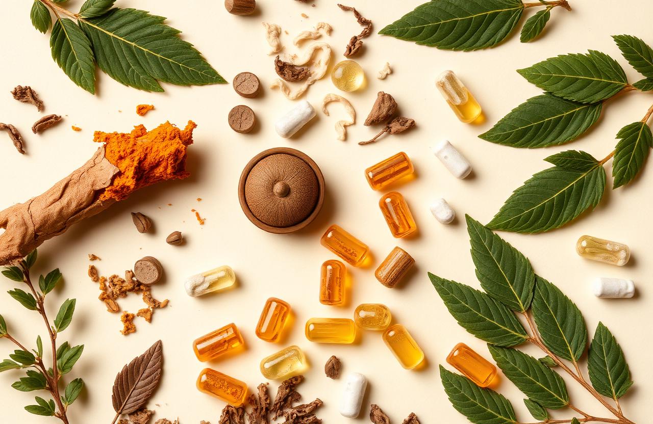 Natural ingredients used in Nervora supplement including turmeric, ashwagandha and B-vitamins